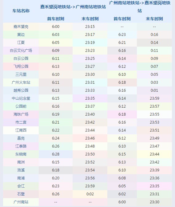 广州地铁2号线来自时间表