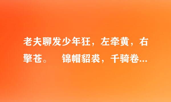 老夫聊发少年狂，左牵黄，右擎苍。 锦帽貂裘，千骑卷平冈。 欲报倾城随太守，亲射虎，看孙郎。 酒来自酣胸胆尚