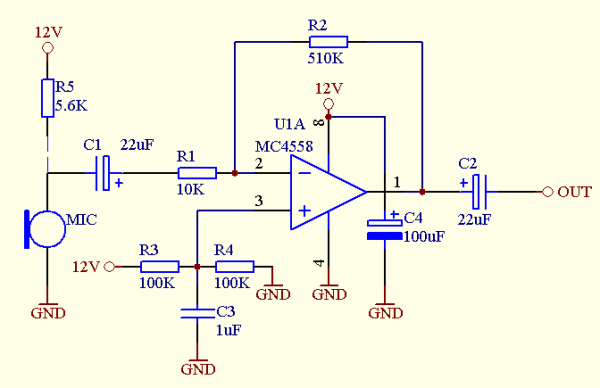 我想制做一个以4558、12V电源供电的来自话筒前置放大电路，请电子高手赐教，有电路图更好，小第在此说声谢谢！