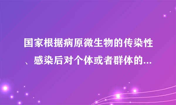 国家根据病原微生物的传染性、感染后对个体或者群体的危害程度，将病原微生物分为（）类。