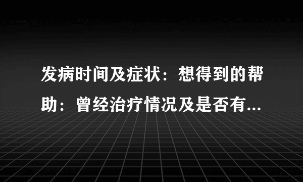 发病时间及症状：想得到的帮助：曾经治疗情况及是否有过敏、遗传病史: