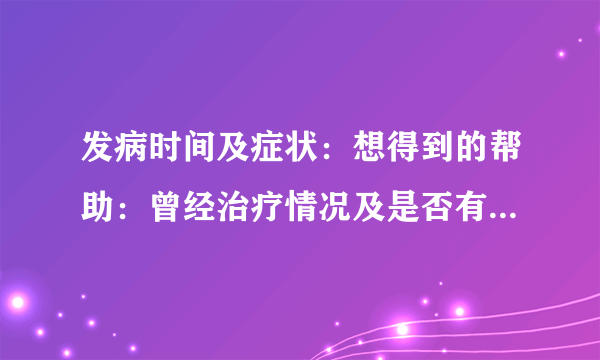 发病时间及症状：想得到的帮助：曾经治疗情况及是否有过敏、遗传病史: